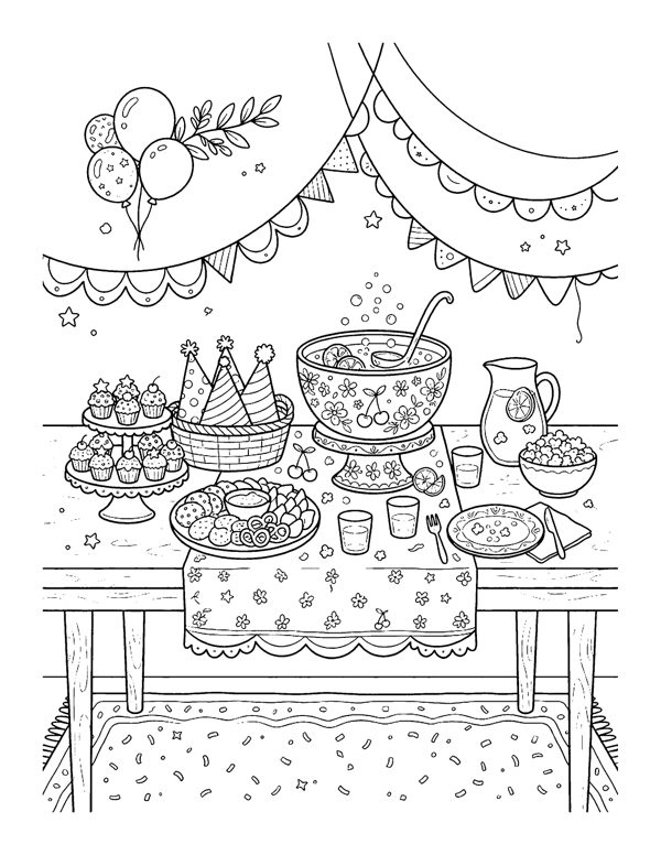 Party Table Snacks Coloring Page - Cozy New Year Coloring Pages