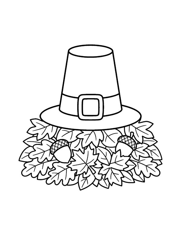 Pilgrim Hat Leaves Coloring Page - Thanksgiving Coloring Pages