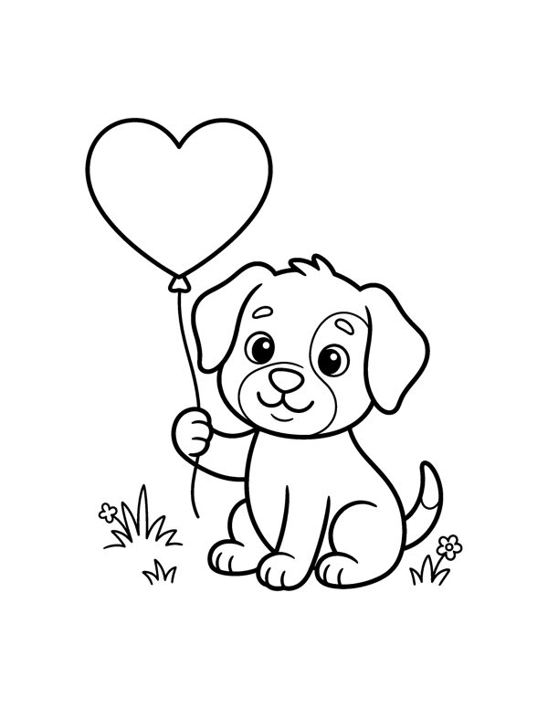 Puppy Heart Balloon Coloring Page - Valentine's Day Coloring Pages