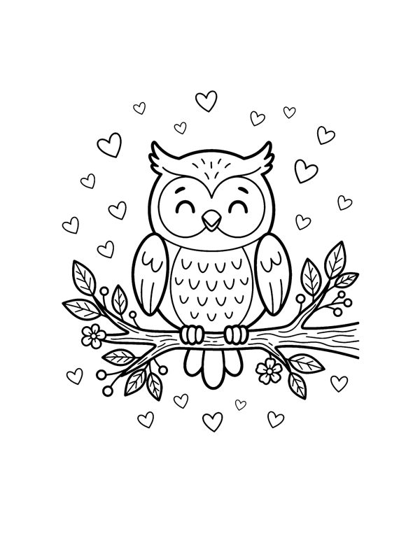 Owl Hearts Coloring Page - Valentine's Day Coloring Pages