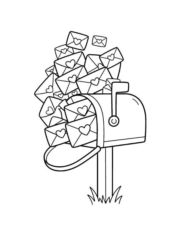Mailbox Hearts Coloring Page - Valentine's Day Coloring Pages