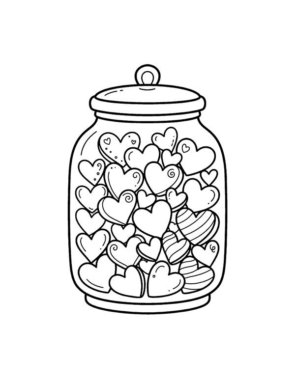 Candy Jar Hearts Coloring Page - Valentine's Day Coloring Pages