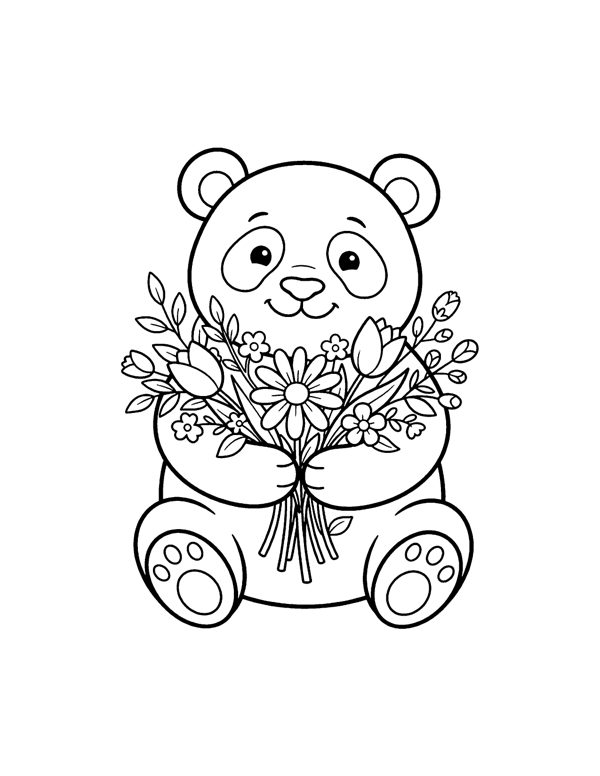 Panda Flowers Coloring Page - Valentine's Day Coloring Pages