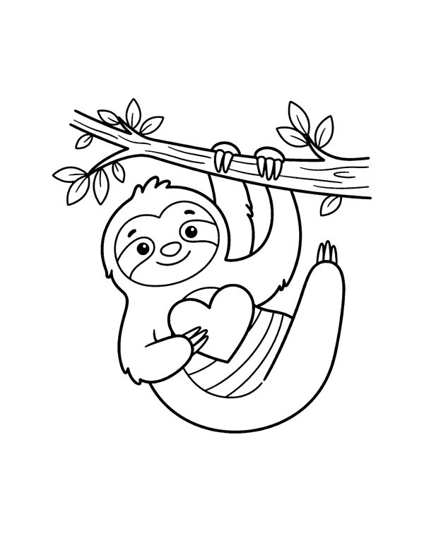 Sloth Heart Branch Coloring Page - Valentine's Day Coloring Pages