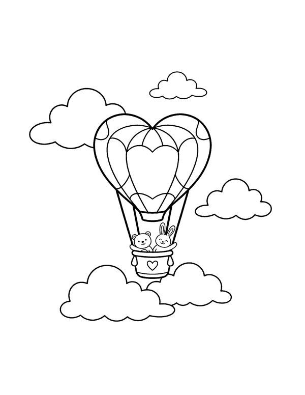 Hot Air Balloon Heart Coloring Page - Valentine's Day Coloring Pages