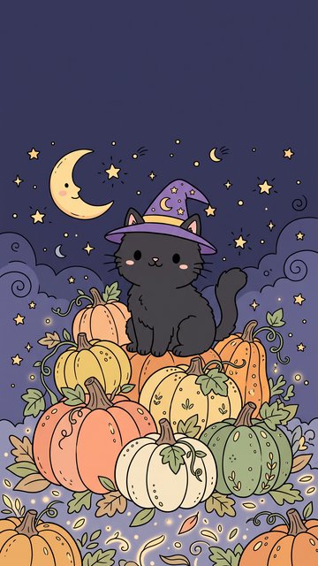 Black Cat Witch Hat phone wallpaper