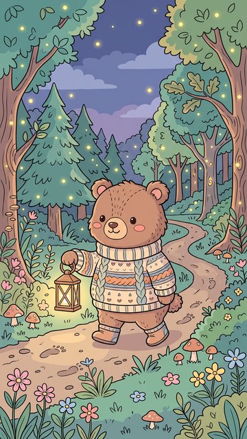Bear Lantern Forest phone wallpaper