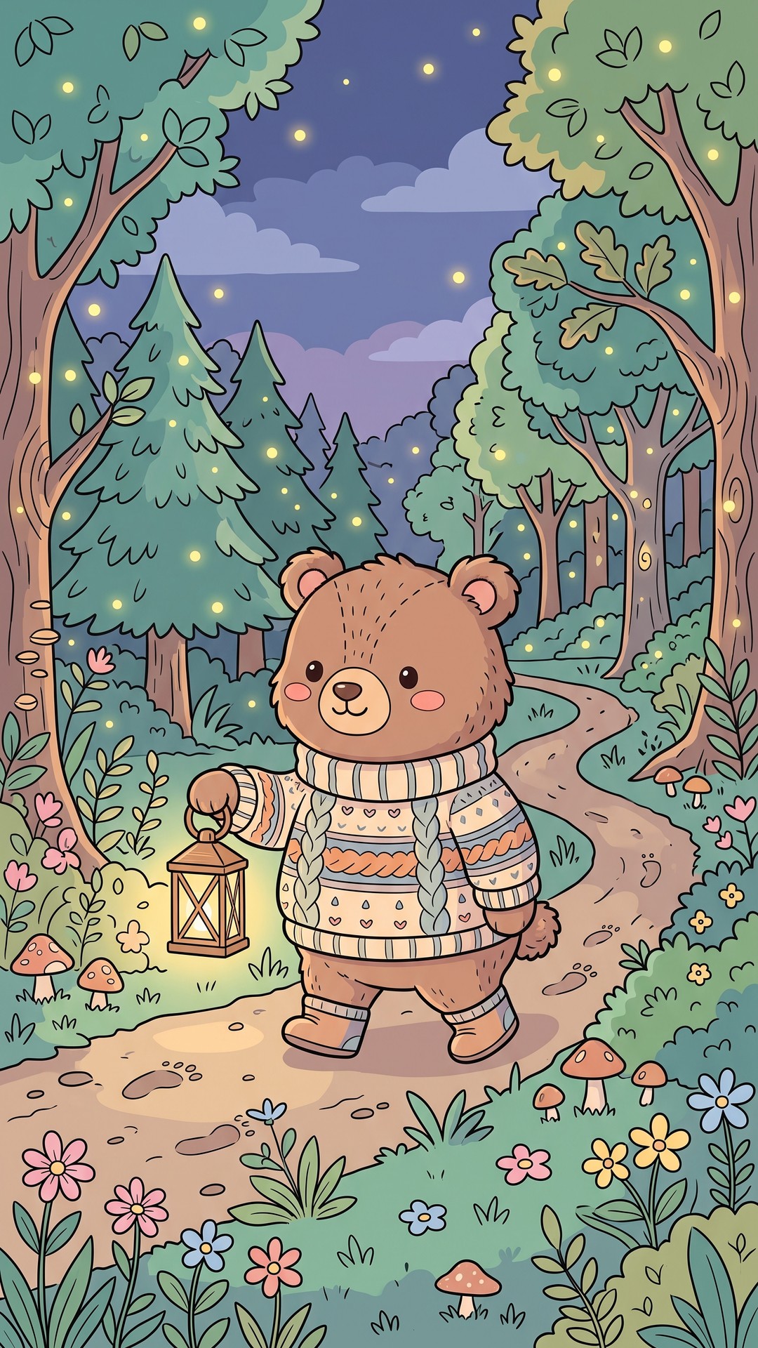 Bear Lantern Forest cute phone wallpaper