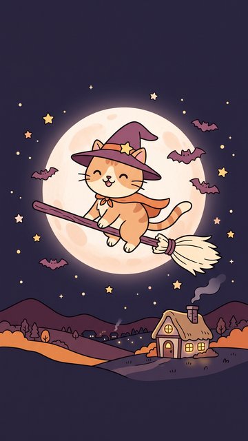 Witch Cat Broom phone wallpaper