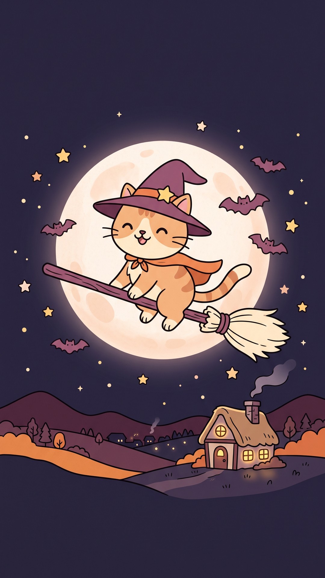 Witch Cat Broom cute phone wallpaper