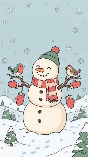 Snowman Bird Friends phone wallpaper