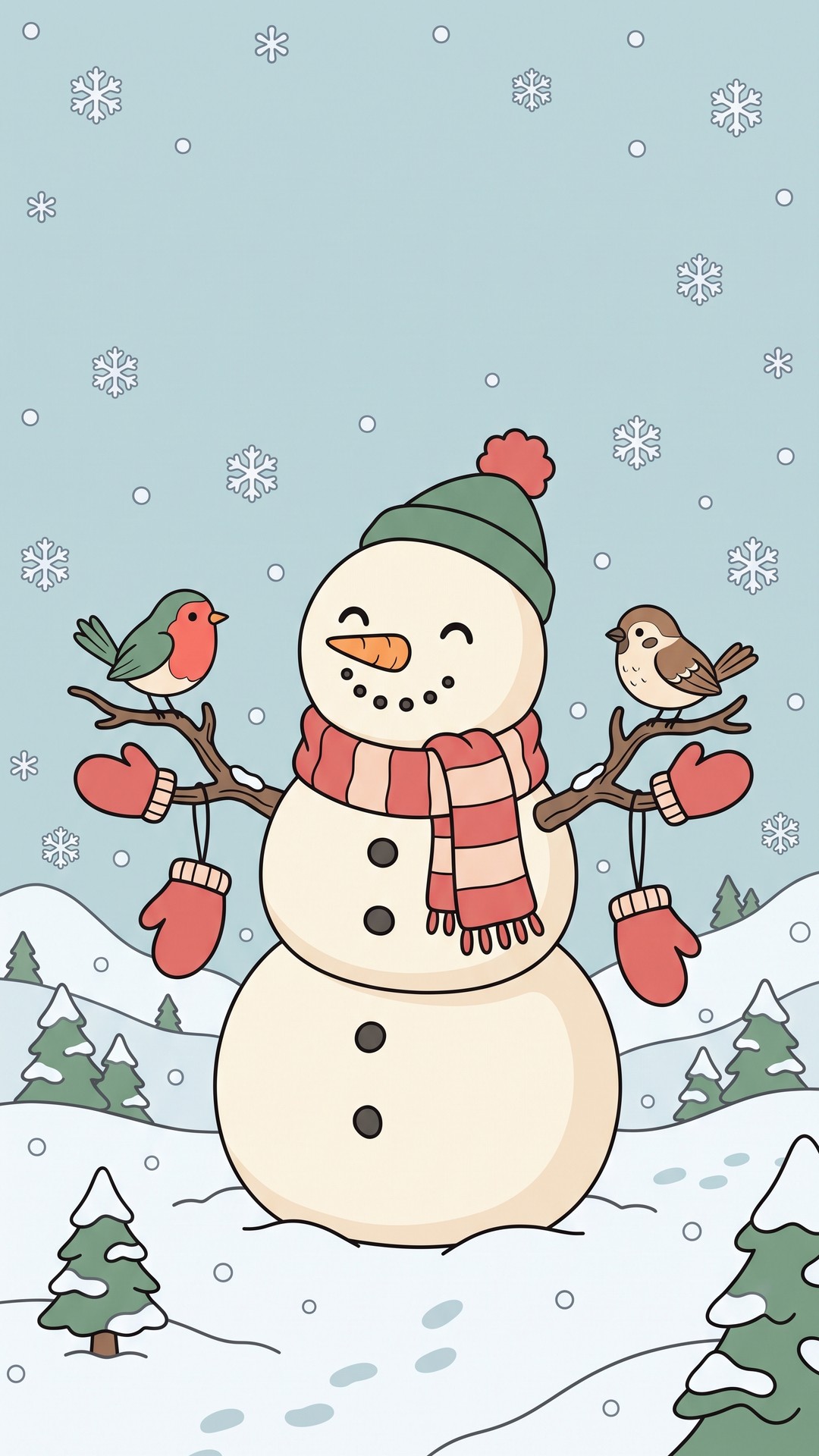 Snowman Bird Friends cute phone wallpaper